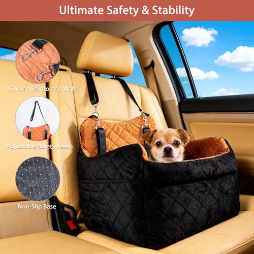 TOPOmerice Elevated Dog Car Seat for Small Dogs – Luxurious Dutch Suede Leather Pet Booster with Adjustable Safety Leash, Non-Slip Base, Washable Cover, Cozy Travel Bed for Pets up to 30 lbs