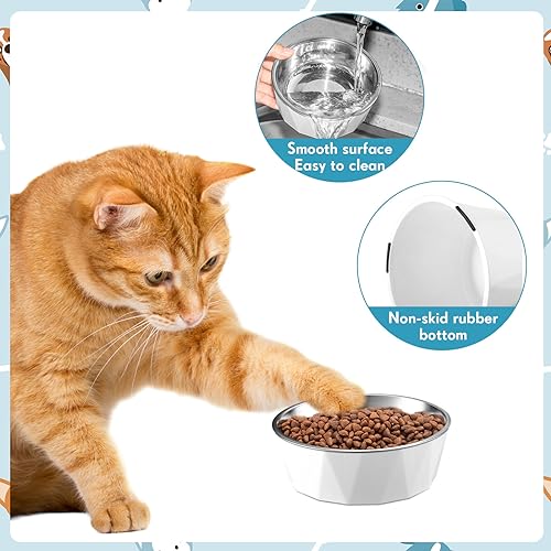 Lallisa Cat Feeder, 2 Pcs Elevated Stainless Steel Bowls with Adjustable Raised Stand, Non-Slip Pet Food and Water Bowl for Cats, Dogs, Hygienic Feeding Eating Pets (Blue, White)