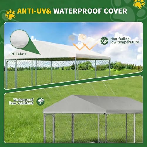 LotFun 10x10 FT Dog Kennel, Heavy Duty Outdoor Dog Enclosure with UV & Rain-Proof Fully Covered Roof, Double Security Locks and Rustproof Metal Mesh for Large Dogs House (10x10x6 FT)