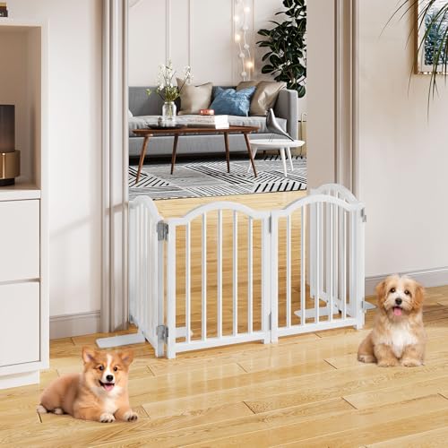 Snughome Short Dog Gate Indoor, 16" High Freestanding Small Dog Door Gates with Support Feet, Expands Up to 48’’ Wide Foldable Pet Gate for Doorway, 4 Panel Folding Pet Door Pet Fence for Puppy, White