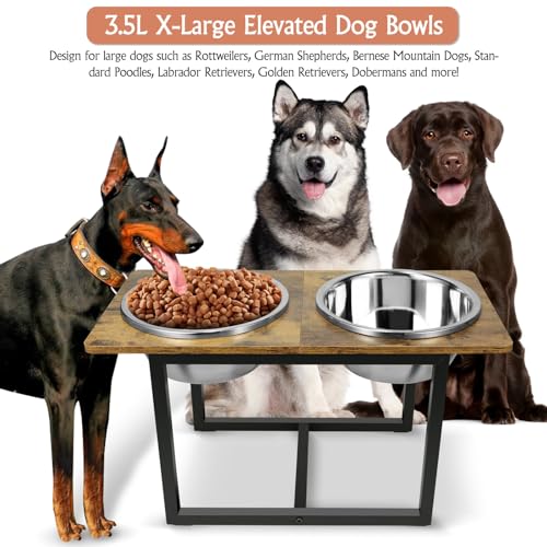 Elevated Dog Bowls for Large Dogs, Raised Dog Bowl Stand with Two X-Large Stainless Steel Bowls for Dogs, 3.5L Capacity, Rustic Brown