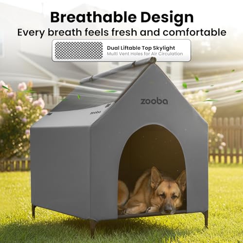 Zooba 36" Large Dog House for Large Dog Indoor or Outside, Weatherproof 600D PVC Outdoor, Featuring Breathable 2x1 Textilene Elevated Dog Bed, Easy Clean (Grey)