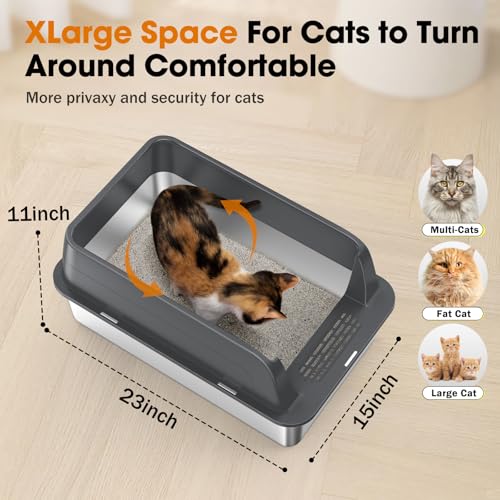 2PACK Stainless Steel Litter Box, Extra Large Litter Boxes for Big Cats, XL Metal Cat Litter Box with Lid High Sides, Anti-Urine Leakage, Non-Sticky, Scoop Included