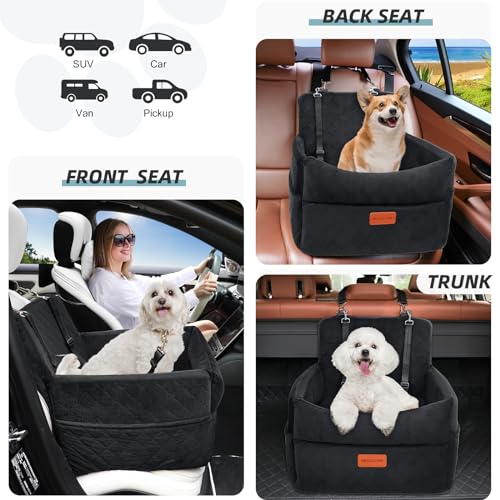 HEGGCOOE Small Dog Car Seat, Memory Foam Dog Booster Car Seats with Thick Cushion for Medium Dogs Under 35lbs, Detachable Washable Dog Bed for Car, Pet Carseat with Storage Pockets,2 Safety Belts