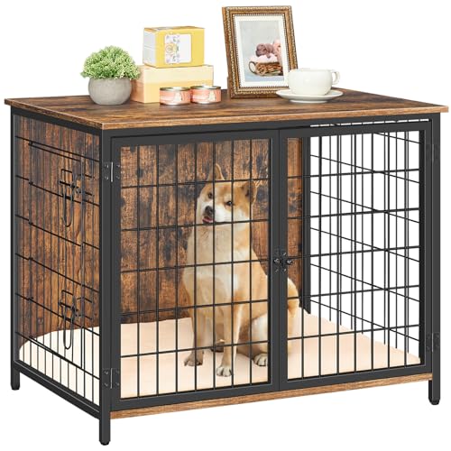 MAHANCRIS Dog Crate Furniture with Cushion, Wooden Dog Kennel with Double Doors, Heavy Duty Dog Cage for Small/Medium/Large Dogs, Indoor Dog House End Table, 31.5" L, Rustic Brown DCHR0701Z1
