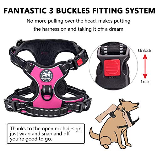 PoyPet No Pull Dog Harness, No Choke Front Lead Dog Reflective Harness, Adjustable Soft Padded Pet Vest with Easy Control Handle for Small to Large Dogs(Pink, Medium)