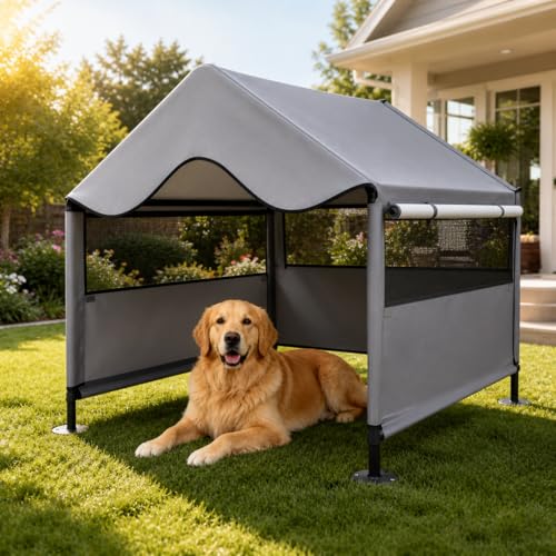 LUCKITTY Extra Large Dog Shade Shelter Canopy with UV Protection, Big Dog House Outside, Outdoor Dog Tent with Three-Sided Breathable Mesh Windows, Gray Sun Rain Cover for Pet Sheep Goat 4'x 4'x 3.3'