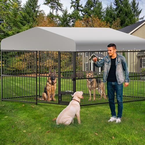Outdoor Dog Kennel, 10x10x6 FT Dog Kennel Outside with Lock, Dog Enclosures for Large Dogs with UV-Resistant Waterproof Cover for Outside