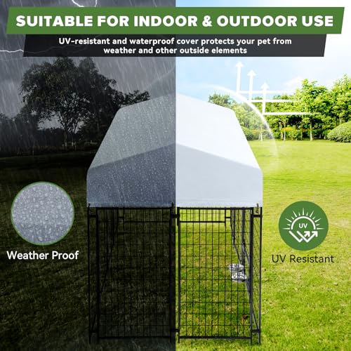 Oranland 8x4x6FT Outdoor Dog Kennel, Heavy Duty Welded Wire Steel Dog Kennel for Large Dogs with Secure Lock, Upgraded Heat Dissipation & Reflective Silver Waterproof Roof with 2 Rotating Dog Bowls