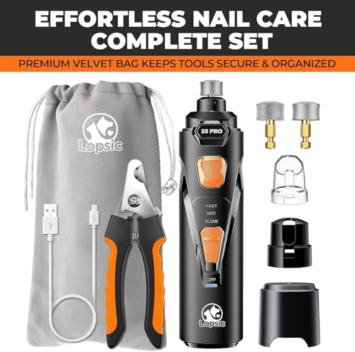 Whisper Quiet Dog Nail Grinder with 4 LED Lights, Safe & Stress-Free for Sensitive Dogs Cats of All Breeds & Sizes, 3 Grinding Bits, 3-Speed, Pet Nail Trimmers, Rechargeable Painless Grooming Kit