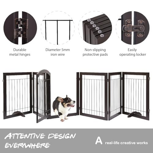 PAWLAND 144-inch Extra Wide 30-inches Tall Dog gate with Door Walk Through, Freestanding Wire Pet Gate for The House, Doorway, Stairs, Pet Puppy Safety Fence, Support Feet Included, Espresso,6 Panels