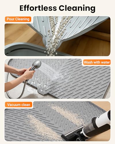 Vacqueen Cat Litter Box Mat, 47" x 37" Extra Large Cat Litter Mat, Silicone Waterproof Litter Trapping Mat for Scatter Control Soft on Kitty Paws Non-Slip Easy to Clean (Grey)