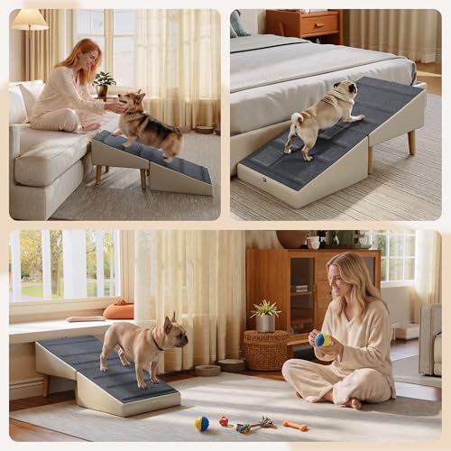 OJCME 2 in 1 Ottoman Dog Ramp with 6 Fabric-Covered Anti-Slip Grip Rails, Paw-Friendly Full Fabric Surface, 15.7 in Wide Stable Folding Pet Ramp Stool for Couch Bed, 4 Leveling Feet, 150 lb Capacity