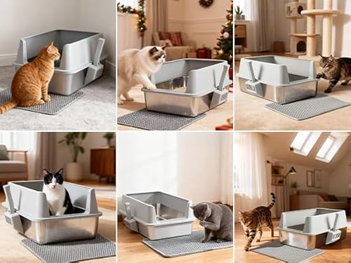 Stainless Steel Cat Litter Box with Lid, Large Metal Litter Box Stainless Steel with Mat & Scoop, Odor-Free/Anti-Leakage & Non-Stick/Easy Clean, High-Sided Litter Box for Multiple Big Cats(XL/Grey)