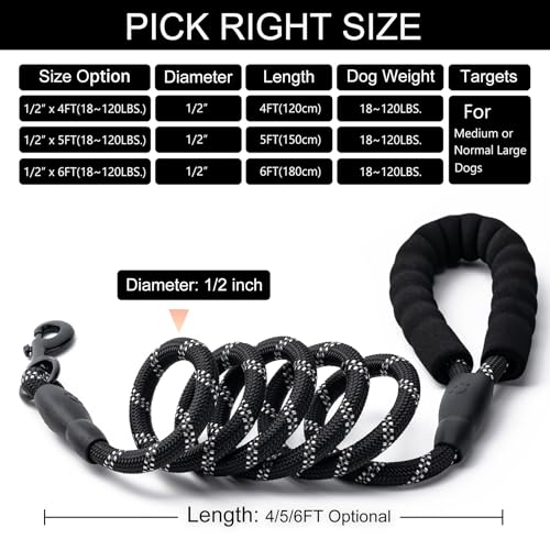 2 Pack Dog Leash, 4/5//6 FT Heavy Duty Nylon Rope Pet Leashes with Comfortable Padded Handle, Reflective Dog Leashes for Small Medium and Large Dogs (5FT-1/2,Black/Black)