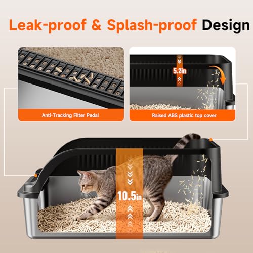 Extra Large Stainless Steel Litter Box with Lid, XL Odor Free Metal Litter Box with High Sides for Big Cats, Open Top Easy Cleaning Kitty Box Anti-Urine Leakage, Non-Sticky, Include Scoop, Black