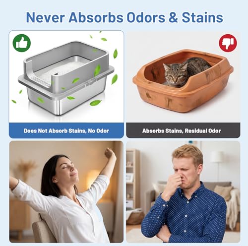 Jotesnew 2 Pack XL Stainless Steel Cat Litter Box with Lid and High Sides, 24" L x 16" W x 12" H Extra Large Metal Cat Litter Boxes for Big Cats, Leak-Proof, Non-Stick, Odor-Resistant, Includes Scoop