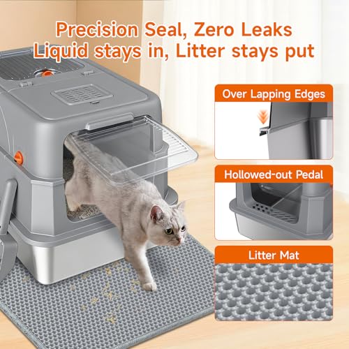 KISENG Stainless Steel Litter Box with Lid, High Sided Enclosed Metal Litter Box for Big Cats, Easy Cleaning Anti-Urine Leakage, Non-Sticky Cat Box, Front Entry Top Exit KittyBox, Includes Mat & Scoop