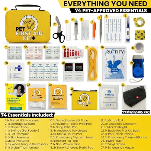 Ruffify Dog and Cat First Aid Kit – Vet Approved, 74 Essential Items Pet Emergency Kit Accessories for Car, Travel, Hunting, Hiking & Camping Gear with Mini Pouch for Home, Office & Outdoor Adventures