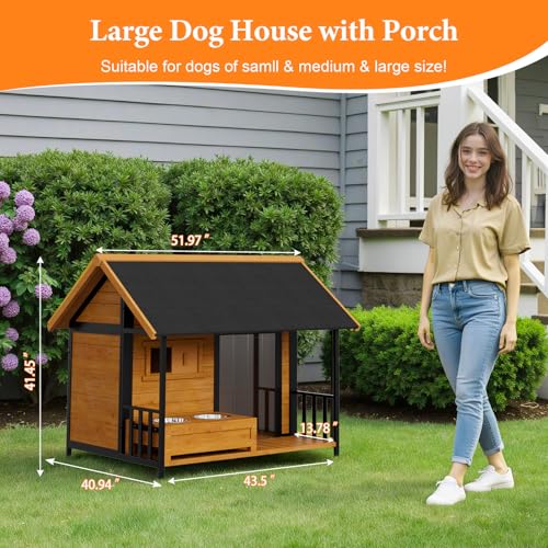 HomeSheek Large Dog House with Dog Bowls Stand, Outdoor Weatherproof XL Dog Kennel with Openable Roof, Easy Assembly All-Around Iron Frame Design for Outside Medium Big XLarge Breed Dogs
