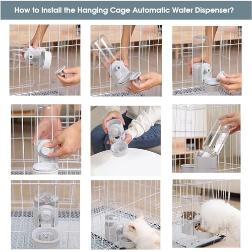 Yummy Sam Hanging Cage Automatic Small Pet Food Bowl Water Bottle Dispenser, Detachable Auto Gravity 1.2L Self-Feeding Feeder and 0.52L Waterer Set Kennel Feeding Station for Puppy Cats Rabbit(Grey)