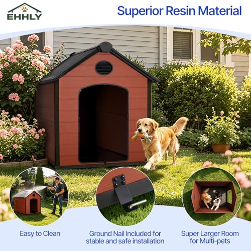 EHHLY 57" Extra Large Dog House Outdoor,Durable Resin DogHouses with 16mm Thick Durable Walls,14 Sq. ft Activity Space&Dual Air Vents,Suitable for Pets Up to 300lbs(57Lx47Wx50H, Brown)
