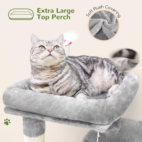 Globlazer Cat Tree Tower for Indoor Cats, 50-inch Adult Cat Tree House for Large Adult Cats with Steps, Scratching Post, 2 Cat Caves, Dangling Toys, FC50, Light Grey