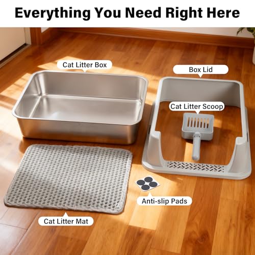 FUTAM Stainless Steel Litter Box with Lid, Metal Litter Box High Sides, Low Entry Litter Boxes with Scoop and Mat,Non-Stick,Anti-Leakage,Easy to Clean Litterbox for Small to Medium Cats