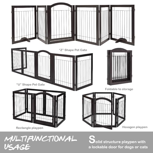 PAWLAND 144-inch Extra Wide 30-inches Tall Dog gate with Door Walk Through, Freestanding Wire Pet Gate for The House, Doorway, Stairs, Pet Puppy Safety Fence, Support Feet Included, Espresso,6 Panels