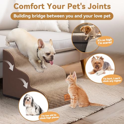 Zerbuger Dog Ramp and Stair for Bed 16" H-20 H,3-Step Cat Stair for Sofa and Chair,4-Step Dog Ramp for High Bed and Window,Durable Nonslip Fabric Cover for Indoor (Coffee-16 H, Pet Friendly, 3)