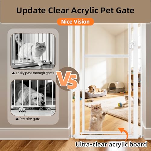 56" High Extra Tall Cat Gate, 29.5-33.46" Wide Clear Acrylic Baby Gate for Doorways Stairs, No Drilling Pet Safety Gate Indoor, Metal Frame Transparent Door for Cats- White