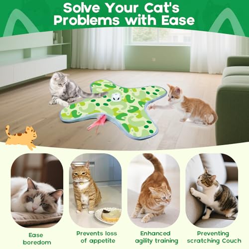 VIWIK Interactive Cat Toys for Indoor Cats, Hide and Seek Moving Feather Toy for Bored Adult Cats with Suction Cup & Cover, Automatic Kitten Wand Toy, Cat Enrichment Toys for All Breeds Green