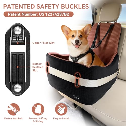PETSFIT Dog Car Seat for Small/Medium Dogs Up to 35 lbs – Patented Safety System, 5" Memory Foam Pet Booster Car Seat, Fully Detachable and Washable Dog Carseat with 2 Storage Pockets (Black/Brown)