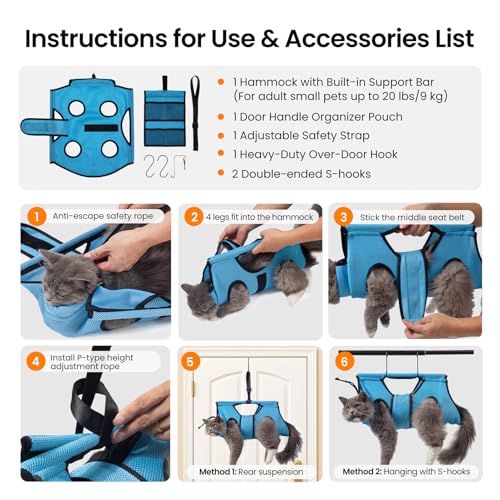 Pet Grooming Hammock for 5-11 lbs Pets, Door-Hook Hanging with Adjustable Height & Full Straps, Machine Washable with 1 Tool Bag Included Blue