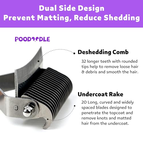 Poodoodle 2 in 1 Undercoat Rake for Dogs and Cats, Professional Grooming Brush Dematting & Shedding Comb to Remove Loose Hair, Matted Fur Efficiently, Perfect for Poodle, Doodle & All Long Haired Pets