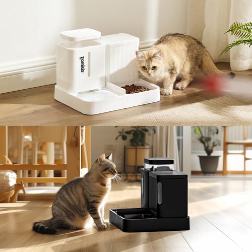 ZOMISIA Automatic Cat Feeder and Water Dispenser Set, 2 in 1 Gravity Cat Food Dispenser with 180 Degree Rotatable, Pet Self Feeding Large Capacity for Small Dogs Puppy Kitten, Black, 0.8 Gallon x 2