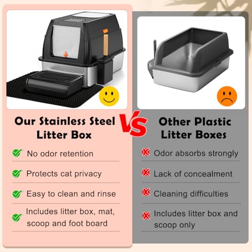 Vivifying Stainless Steel Litter Box with Lid, XL Front Entry Enclosed Extra Large Litter Box for Big Cats & Kitty, Top Exit Metal Cat Pan with Scoop, Mat, Footboard, Charcoal Filter (Black)