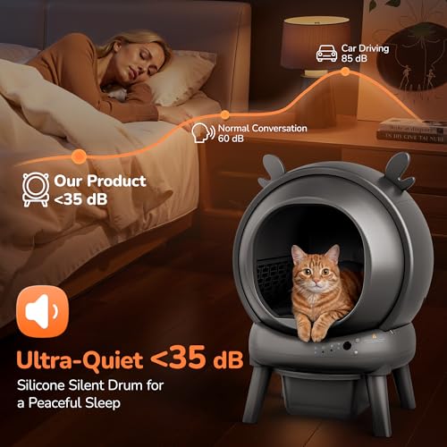 FurryKiddy Automatic Self Cleaning Litter Box, Cat Litter Box with APP Control, 65L Globe & Dual Safety Sensors, Robot Litter Box, 1 Roll Garbage Bags and Litter Mat, <35DB, for Multiple Cats, Grey