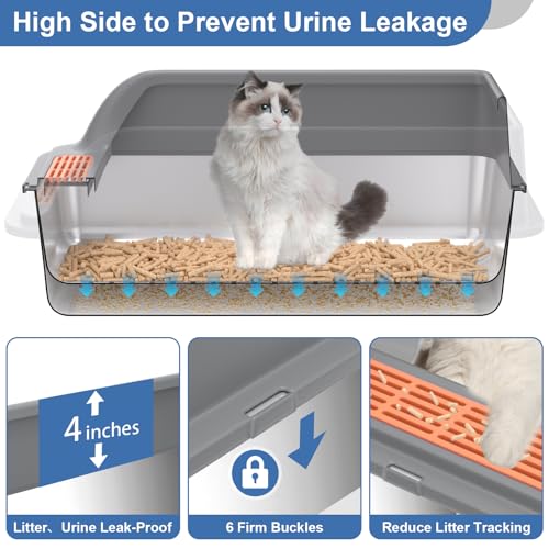 Stainless Steel Sifting Litter Box with Lid, XL Extra Large Sifting Cat Litter Box for Pine Pellets & Big Cats,Metal Pellet Sifter Litter Pan System for Odor Control,Sifting Box Liners & Scoop