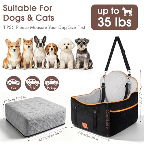 GINMIC Dog Car Seats for Small Medium Dogs up to 35 lbs – Dog Booster Car Seat with 5.3-Inch Memory Foam, Dual Safety Leashes, Detachable Washable Cover & Storage Pockets, Soft Travel Dogs Bed (Black)