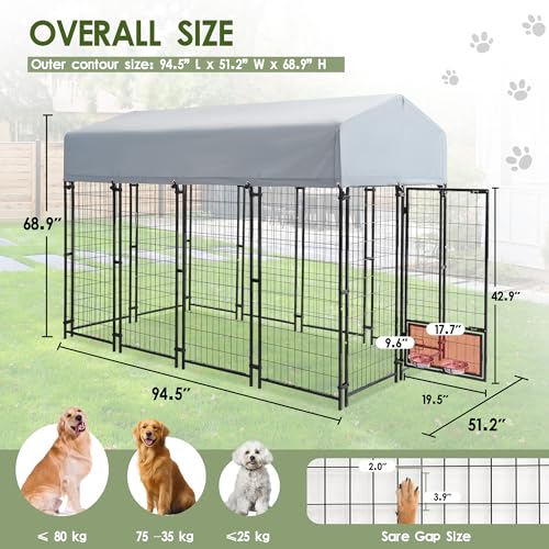 TOBYUL 8x4x6 FT Dog Kennel Outdoor for Large Dogs,Dog Enclosure Dog Cage Pet House with UV-Resistant Waterproof Cover,Double Safety Locks,Rotating Feeding Bowls (8FT*4FT)