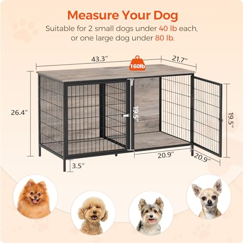 MAHANCRIS Dog Crate Furniture for 2 Dogs, 43.3" Dog Kennel with Removable Divider, Heavy Sturdy Dog Furniture Style Double Cage for Small Medium Dog, Indoor Pet House End Table, Greige DCHG1201