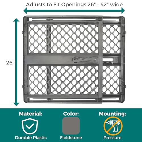 MYPET Essential Petgate: 26-42" Wide Expandable, Pressure Mounted No Tools Needed, Durable Dog Gate for Doorways, Made in USA, 26" Tall, Fieldstone Gray