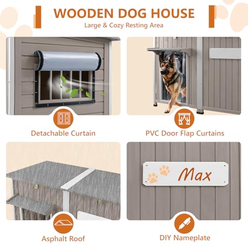 Ketive 55"L Dog House Outdoor Large Breed Extra XL Wooden Dog House with Weatherproof Asphalt Roof, All-Around Iron Frame, Removable Floor, Openable Top Roof, Air Vents Window for Medium to Large Dogs