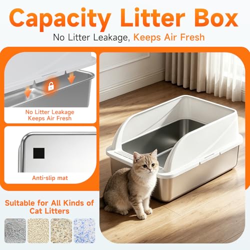 OneBug Stainless Steel High Sides Cat Litter Box with Scoop, Open Top Litter Pan for Indoor Cats, Easy to Clean, Reduced Litter Scatter, Medium