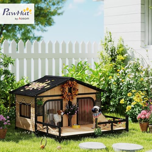 PawHut Dog House Outdoor, Wooden Dog Kennel Weatherproof with Porch, Openable Roof, Removable Bottom, Elevated Floor, Double Room for 2 Small to Medium Breeds, Natural
