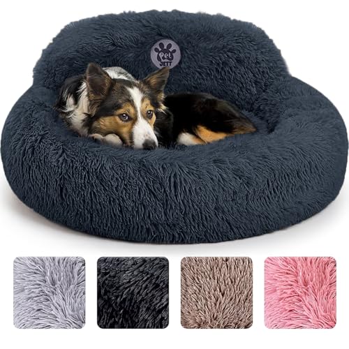 PetJett Calming Dog Bed Medium Size Dog - 30'' Donut Bed, Washable Dog Bed, Anti-Slip & Super Soft Fluffy Plush Round Dog Bed, Anti-Anxiety Premium Comfort Pet Bed, Fits Dogs Upto 45 lbs - Dark Grey