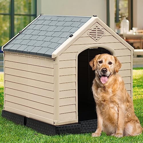 YITAHOME 41'' Large Dog House, Weather Resistant Doghouse for Outdoors Indoors w/Easy Assembly Dog Kennel, Air Vents and Elevated Floor (41''L*38''W*39''H, Gray+Brown)