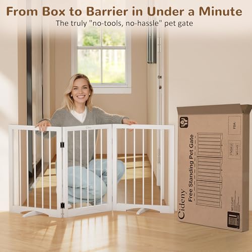 Cideny Free Standing Dog Gate Indoor, Foldable Dog Gate for Doorways Stairs Hallways, 3-Panel Freestanding Pet Gate with Support Feet for Stability, Folding Puppy Gate Easy to Move, Doggy Gate 54"x24"
