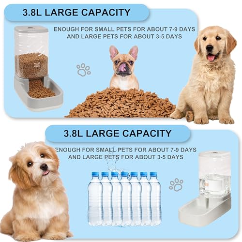 Elevon Automatic Cat Feeder, Gravity Food and Water Dispenser Bowl Set for Small Medium Dogs Animals, Pet Feeder Dispenser Storage Food, 3.8L Large Capacity, White & Gray